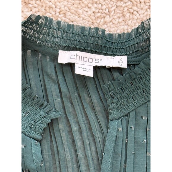 Chico’s Women’s 12 Emerald Green Shimmery Dot Chiffon V-Neck Blouse Long Sleeve - Picture 7 of 10
